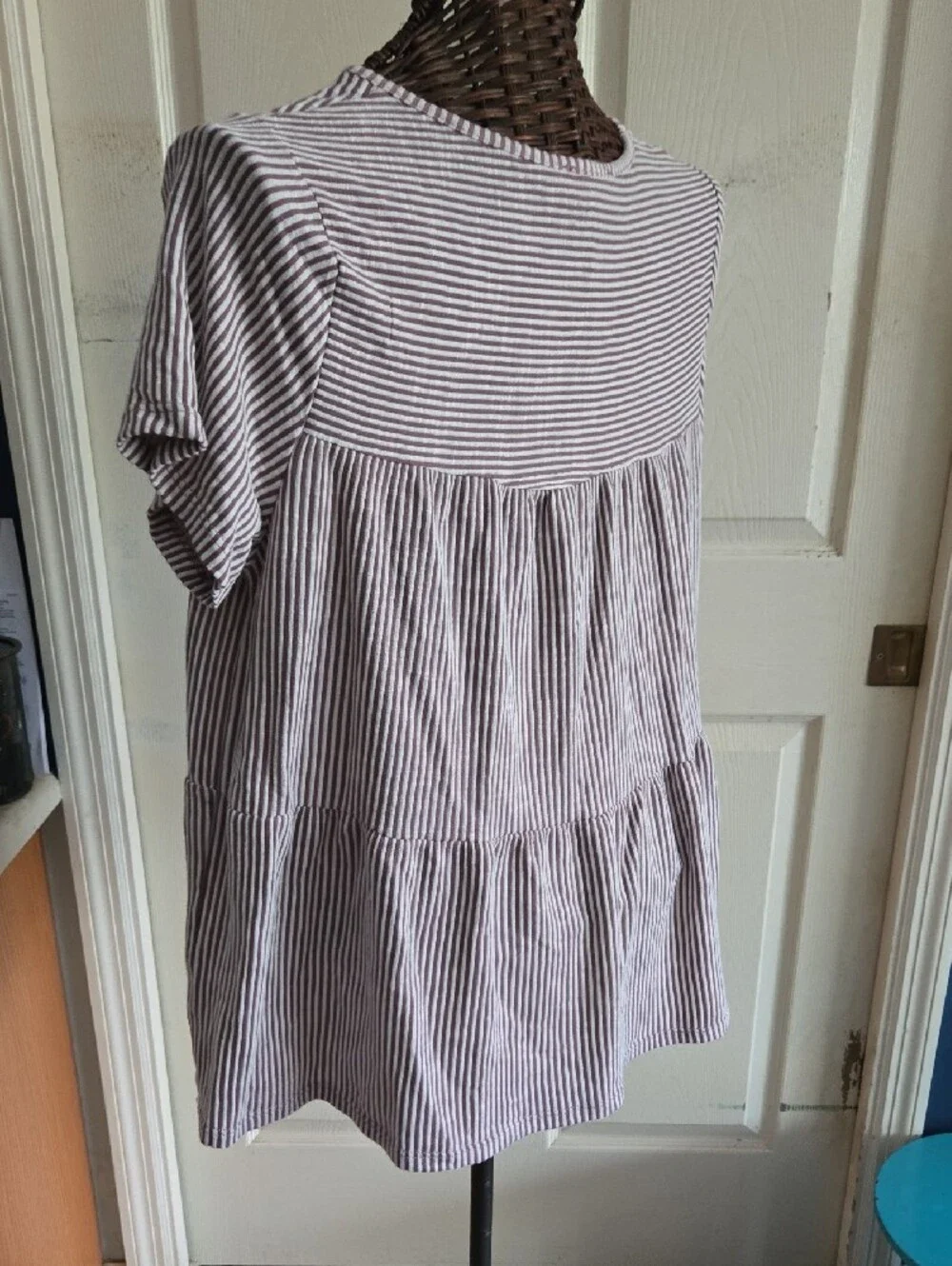 Exclusive One Striped Short-Sleeve Peplum Babydoll Top in Maroon Stripe-Size XL